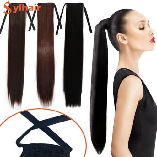 Sylhair Synthetic 85CM Long Straight Drawstring Ponytails Clip on Hair Tail Extension Natural Wrap Round Fake Hair Pieces