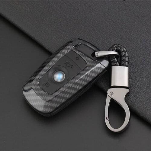 ABS Carbon Fiber Shell+Silicone Cover Remote Key Holder Fob Case&KeyChain For BMW Series
