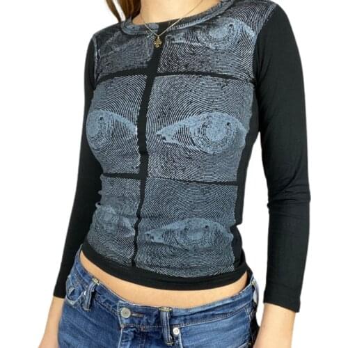 Women Spring Autumn Crop Tops, Eyes Print Round-Neck Long Sleeve Tight T-Shirt Camisole for Girls, 4 Colors