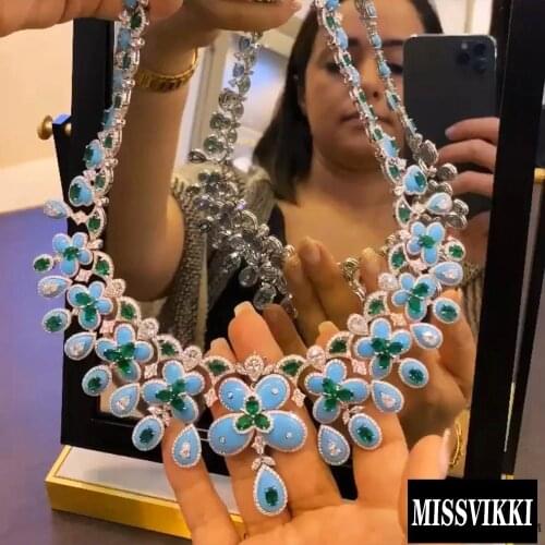 Missvikki Luxury 4pcs Sky Blue Oil Opal Butterflies Big Necklace Bangle Earrings Ring Jewelry Sets For Women Wedding Gorgeous