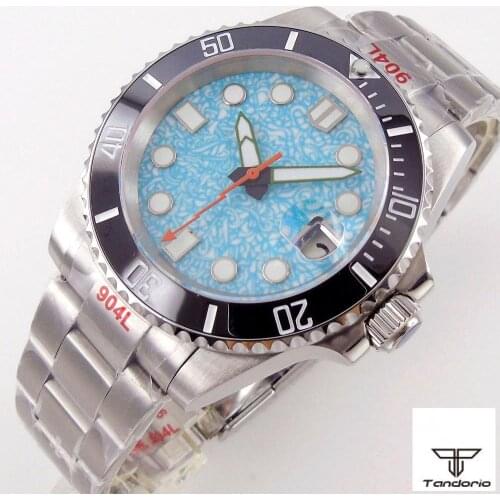 40mm Mens Automatic Watch Japan NH35 Movement Sapphire Cyan-Blue Dial 904L Oyster Bracelet Glide Lock Date Cyclops Green Lume