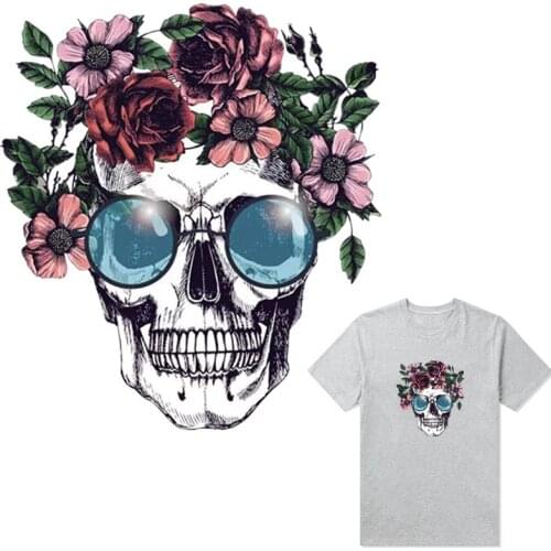Street Skulls Stickers On Motorcycle Flower Skull Patch T-Shirt Jeans Decoration Diy Washable Heat Transfer Patch For Clothes