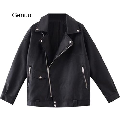 Autumn Faux Soft Leather Pu Jacket Women Loose Punk Coat Female Turndown Collar Moto Biker Rivet Zipper Street Overcoat