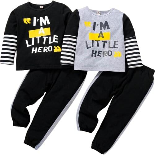 1-5T Baby Boys Casual Two-piece Clothes Set, Letters and Stripe Printed Pattern Pullover and Trousers, Black/ Grey