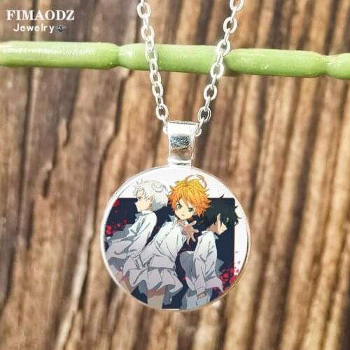 FIMAODZ The Promised Neverland Necklace Emma Norman Anime Figure Glass Crystal Pendant Necklaces for Women Men Fans Gift Jewelry