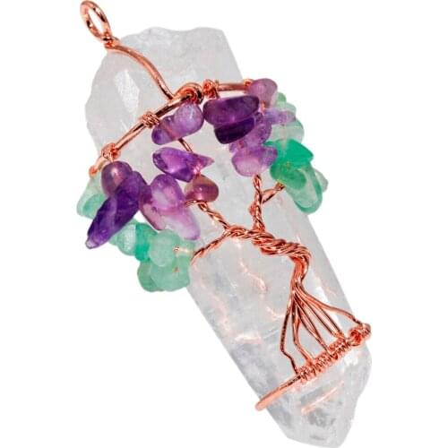 SUNYIK Natural Purple Crystal Green Aventurine Chips Stone Rock Quartz Tree of Life Pendant Necklace,Healing Jewelry(Free Chain)