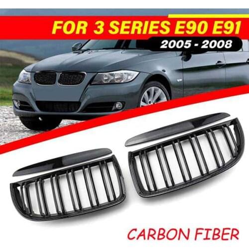 Front Bumper Kidney Grille Dual Line Mesh Grille for-BMW 3 Series E90 318I 320I 323I 325I 2005-2008, Carbon Fiber