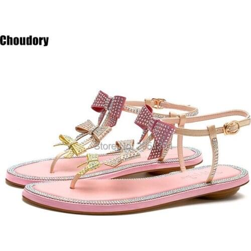 New Fashion Butterfly-knot Bow-knot Rome Crystal Rhinestones Sandals Gladiator Shoes Ladies Open Toe Flats Shoes Women