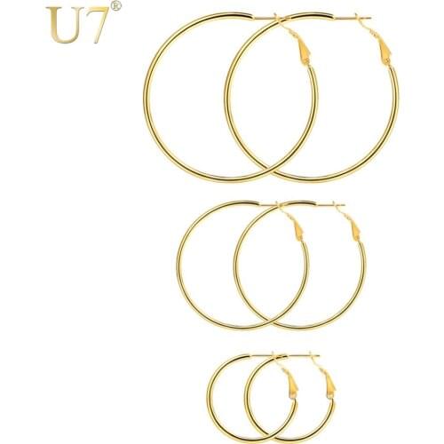 U7 Stainless Steel Simple Big/Small Hoop Earrings For Women 3 Size Gold/Black Color Circle Earring Set Minimalist Jewelry E1008