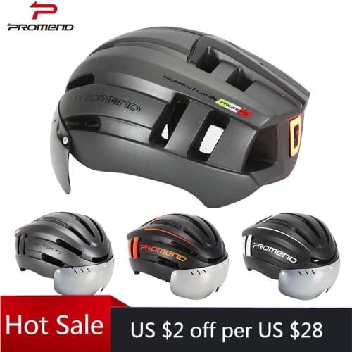 PROMEND Bicycle Helmet with LED Tail Light Detachable Windglasses Rechargeable Removable Road Bike Helmet Sport Safe Hat for Man