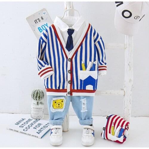 Spring Autumn infant Baby Boy Clothes Set Children Clothing Sets Kids cartoon Clothes Boys Striped Coat Shirt Denim Pants 3PCS