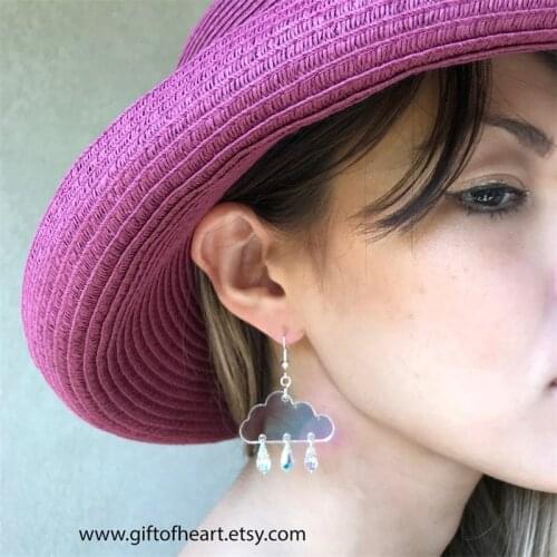 Iridescent Cloud & Rain Dangle Earrings Crystal Elements Statement Earrings