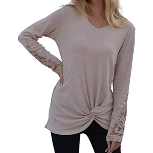 2021 Women Sexy Women Autumn Lace Patchwork Long Sleeve V Neck Tunic Twist Knot Hem Blouse Top Spring Fashion Vintage T Shirts