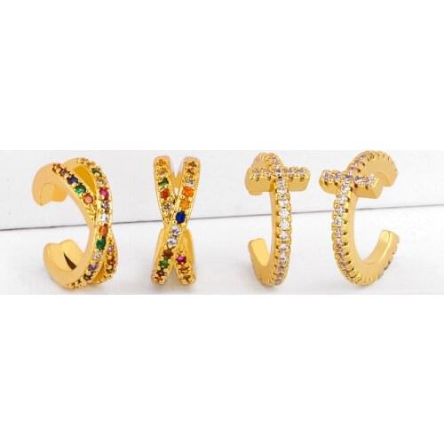 Rainbow Cross Clip On Earrings For Women Small Pave Crystal Clip Earrings Without Piercing CZ Gold Filled Jewelry erss52