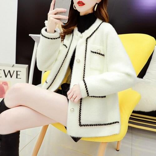 White Mink Cashmere Sweater Coat Women Fashion Autumn Winter Lazy Style Korean Retro Black Loose O Neck Knitted Cardigan Female