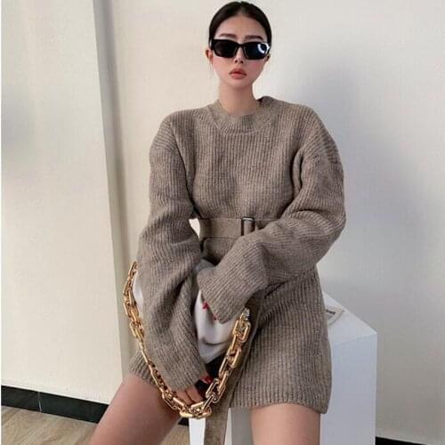 Europe Autumn Winter Thick Warm Knitted Full Sleeve Mini Dress Belt Hgih Waist Lazily Fashion Korean Womens Elegant MWDB