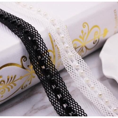 1Yards/Lot White Black Pearl Beaded Lace Ribbon Trim African Lace Fabric Embroidered Lace Beaded Fringe DIY Clothing Accessories