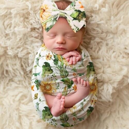 2 Pcs Baby Floral Printed Receiving Blanket Headband Set Sleepsack Swaddle Wrap Hair Band Headwrap Kit for Newborn