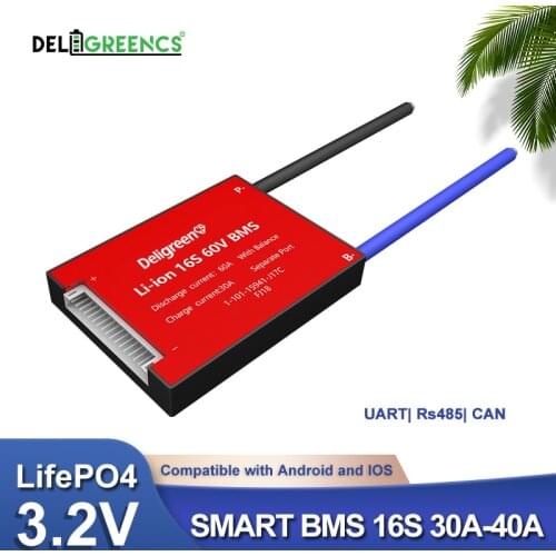 3.2v Smart BMS 16S 30A 40A 60A with Bluetooth UART 485 CAN for 60V LiFePO4 Battery for EV Ebike Power storage