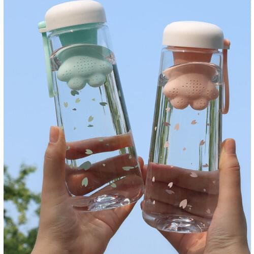 550ML Creative Cute Cat Claws With Tea Filter Plastic Cup Kawaii Cherry Blossoms Portable Leakproof Sports Water Bottle for Girl