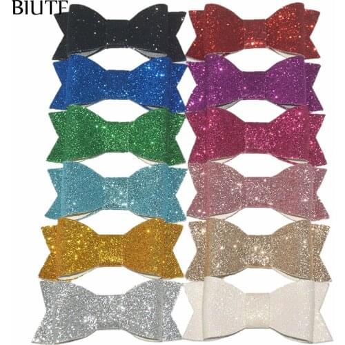 Express Free 500pcs/lot Glitter Synthetic PU Leather Bow Girl Hair Accessories Bulk Price 12 Color for U Pick H0279