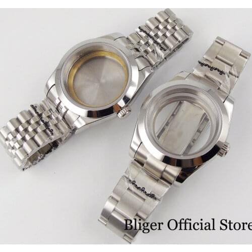 Stainless Steel Black Mechanical Men Watch Case Oyster Bracelet for NH35 NH36 Flat Saphire Glass Seeing Back Screw