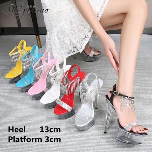 Summer Rhinestone Clear Crystal 13CM Super High Heel Sandals Fine With Catwalk Girls Sexy Women Stripper Show Pole Dancing Shoes