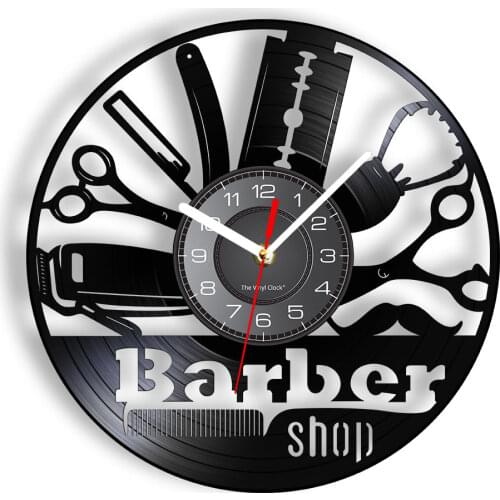Barber Logo Wall Clock Barber Shop Wall Decor Salon Shop Haircut Vinyl Record Wall Clock Grooming Hairdresser Hairstylist Clock