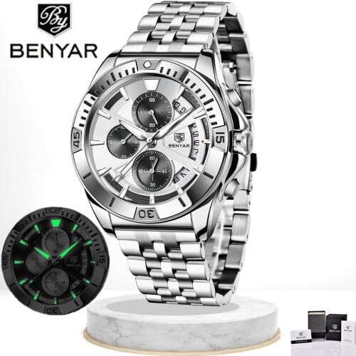 2021 New BENYAR Mens Quartz Watch Top Luxury Brand Watch Mens Fashion Sports Stainless Steel Strap Waterproof Luminous Watches