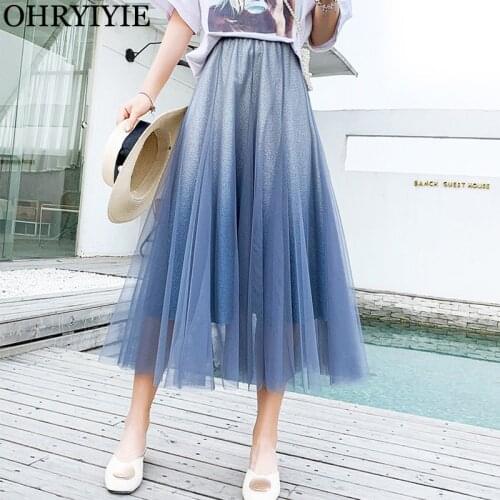 OHRYIYIE 2020 New Gradient Color Spring Summer Tulle Skirt Womens Korean Fashion Green High Waist Midi Long A-line Skirt Female