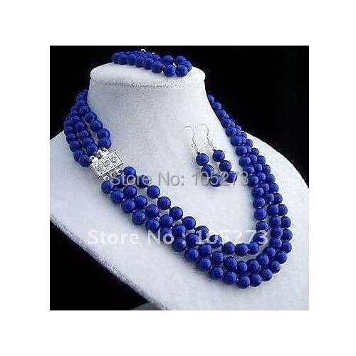 Stunning! 3Rows 8mm Blue lapis Lazul necklace Elastic bracelet earring jewelry set N:Length:18''-20''inchs Free shipping FN28