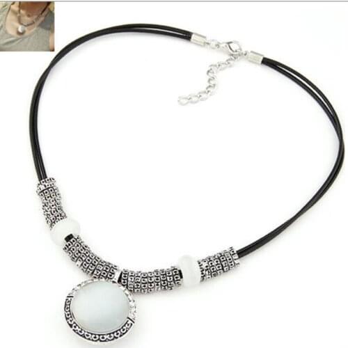 Simple Style Silver Plated Round Cabochon Cat Eye Stone Pendant Black Rope Chain Necklace Charm Jewelry