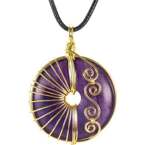 Lucky Coin Wire Wrapped Crystal Stone Pendant Necklace for Women Men, Healing Crystal Donut Amulet Jewelry for Unisex