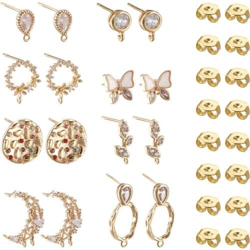 36pcs/box Brass Clear Cubic Zirconia Stud Earring Findings with Loop for DIY Women Fashion Dangle Earrings Jewelry Making Golden