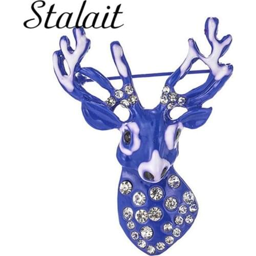 Cute Lifelike 3D Deer Blue Color Brooch Pin Christmas Elk Head Inlay Rhinestone Enamel Brooch For Girl Accessories Xmas Jewelry