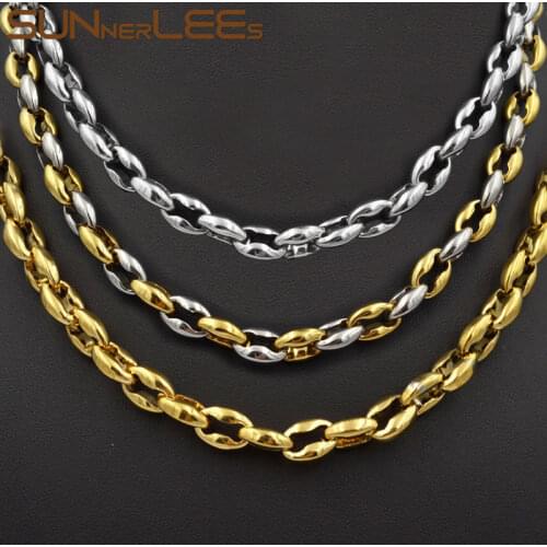 SUNNERLEES Jewelry 8mm Mens Womens Coffee Beans Link Chain Stainless Steel Necklace Silver Color Gold Plated SC45 N