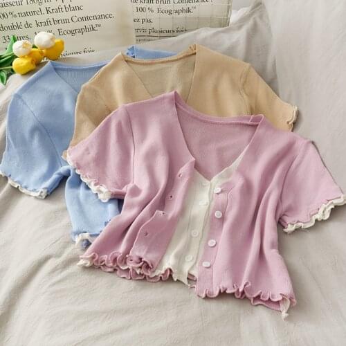 Girls V-neck Short Sleeve Cropped Connected Sweater Cardigans Womens Patchwork Sweet One-piece Sweater Cardigan Crop Tops