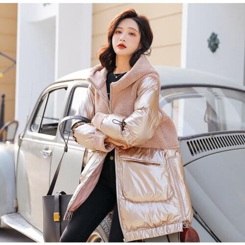High Quality 2021 New Winter Jacket Women Warm Hooded Coat Shining Fabric Stylish Female Parka Long Lambswool Splice Cotton Coat