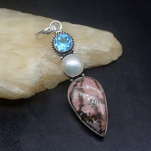 Gemstonefactory Jewelry Big Promotion 925 Silver Natural Rhodochrosite Topaz Pearl Women Ladies Gifts Necklace Pendant 1030