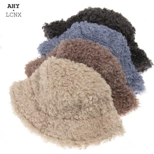 Women Winter Bucket Hat Lamb Faux Fur Outdoor Warm Winter Womens Hats Fluffy Fishing Bob Fisherman Foldable Panama Mens Hat