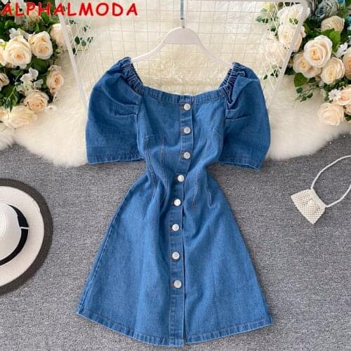 ALPHALMODA Summer Dress Female 2020 New French Girl Puff Sleeve Buckle Retro Square Collar Denim Dress
