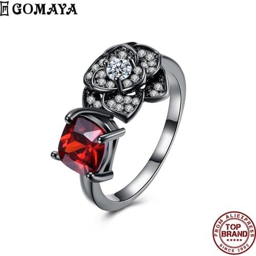 GOMAYA Red Zircon And Flower Shape Zirconia Double Mosaic Women Rings Personality Creativity Ring Luxurious Romantic Jewelry