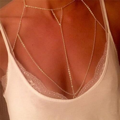 Summer Gold Chain Link Bra Multilayer Sexy Beach Bikini Chain Harness Necklaces Women Boho Jewelry Gift
