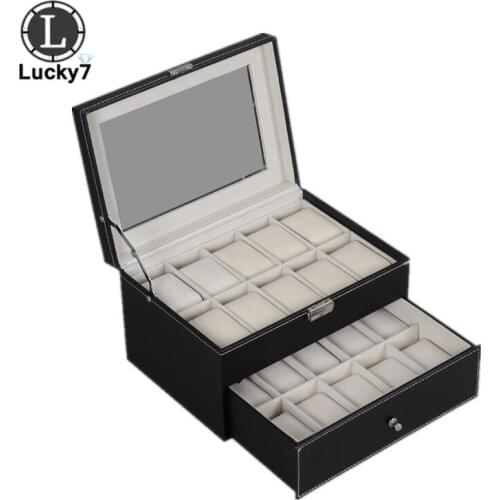 20 Digits Double Drawer PU Leather Watch Case Organizer Storage Box for Quartz Watches with Velvet Pillows Jewelry Boxes Display