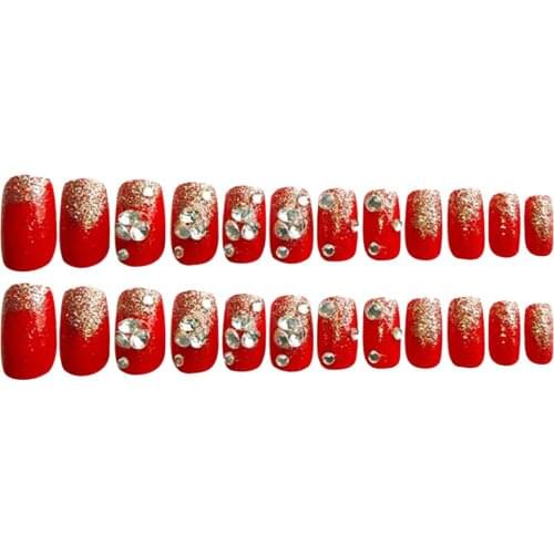 24 Pieces Bling Red Ballerina Coffin False Fake Nails With Rhinestones, Natrual Press on Daily Office Finger Nails