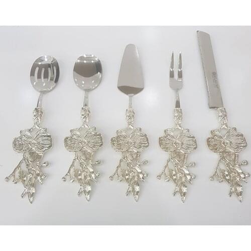 5 Piece Orchid Design Service Cutlery Silver Colour Tableware Metal Flower Details Kitchen Food Presentation Decorative