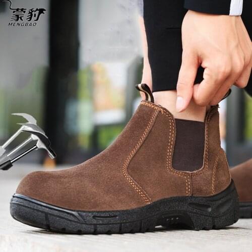 Work Safety Shoes Men Middle Boots Waterproof Leather Boots Elastic Shoe Mouth Anti-Smashing Steel Toe Protective Shoes