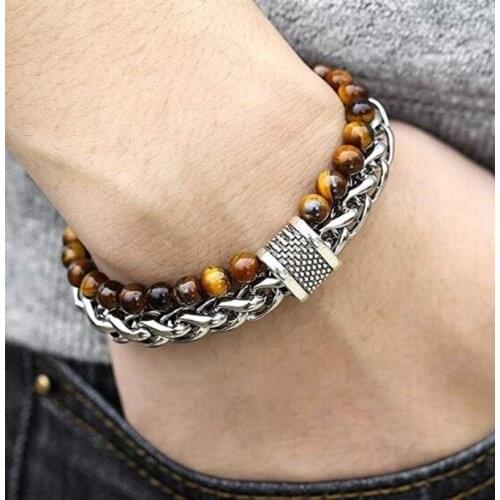 Men Natural Tiger Eyes Stone Beaded Bracelet for Men Stainless Steel Wheat Link Chain 22CM