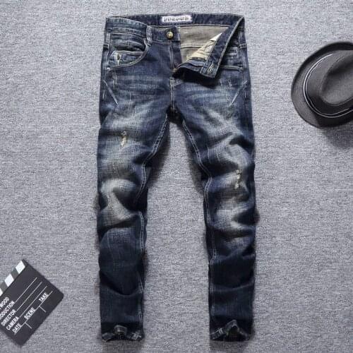 European Street Fashion Men Jeans Retro Dark Blue Elastic Slim Fit Ripped Jeans Men Spliced Designer Vintage Denim Punk Pants
