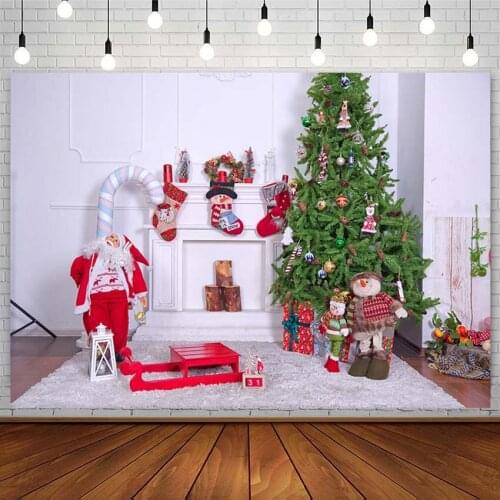 Christmas Backdrops Tree Fireplace Santa Sock Snowman Gifts White Wall Photography Background Photo Studio Decor Props Photozone